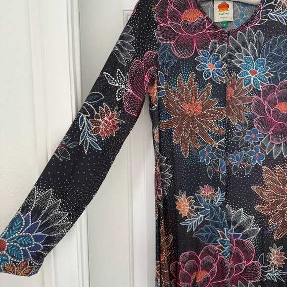 FARM Rio Blue Floral Dot Print Satin Maxi Dress - Long Sleeve, Size S - Picture 11 of 16